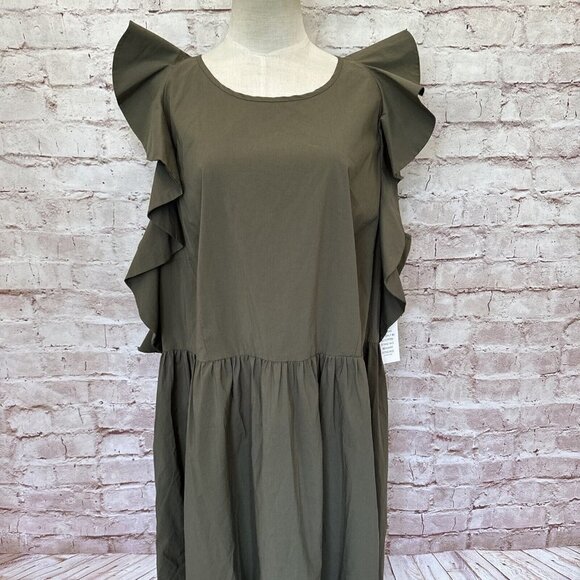 Eloquii Dress Womens Army Green Ruffle Flutter Sleeveless Midi Dress Size 22 NEW - Picture 2 of 8